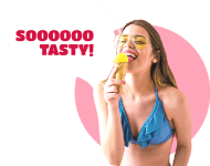 a person eats ice cream and says so tasty!